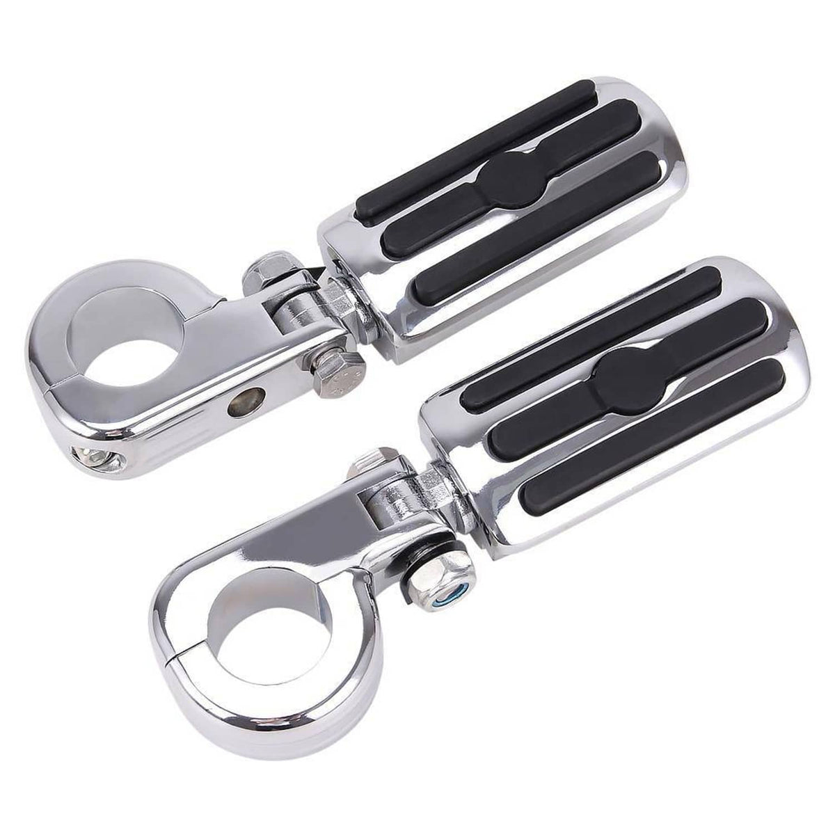 Pair of chrome short highway foot pegs with black rubber inserts and clamp hardware
