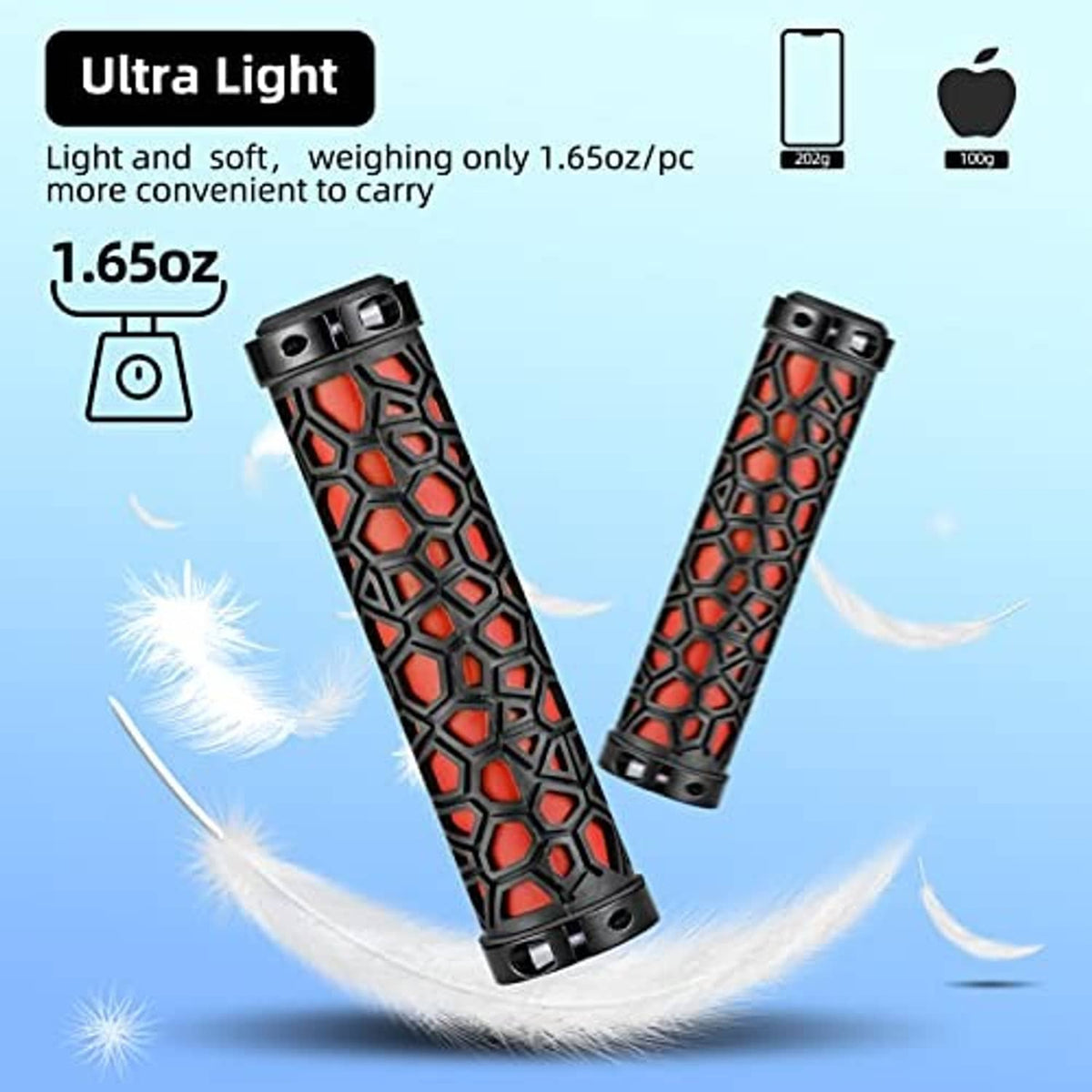 Red and black honeycomb-patterned lock-on bike grips with textured grip surface