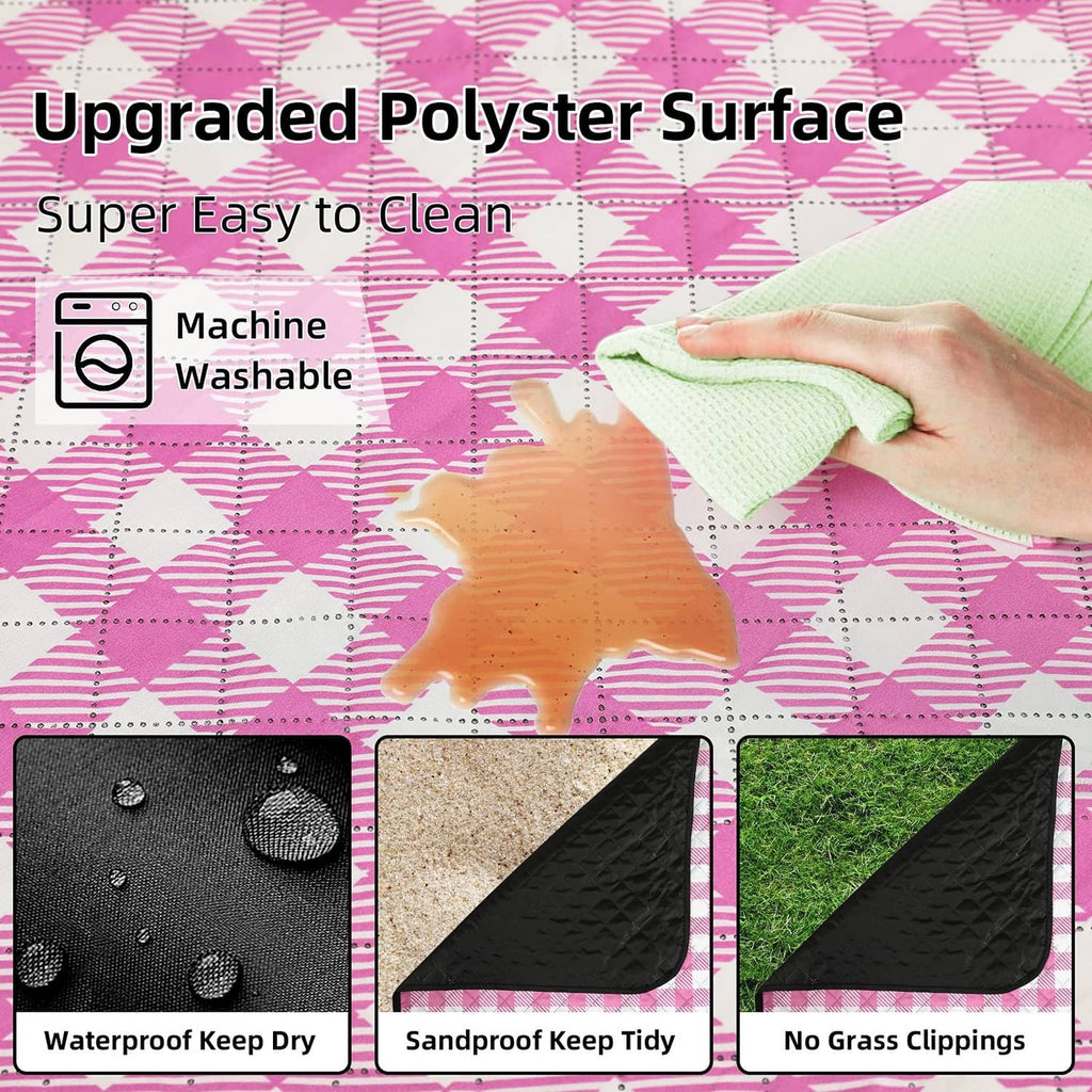 Pink check picnic blanket surface with water-resistant coating and easy-clean use