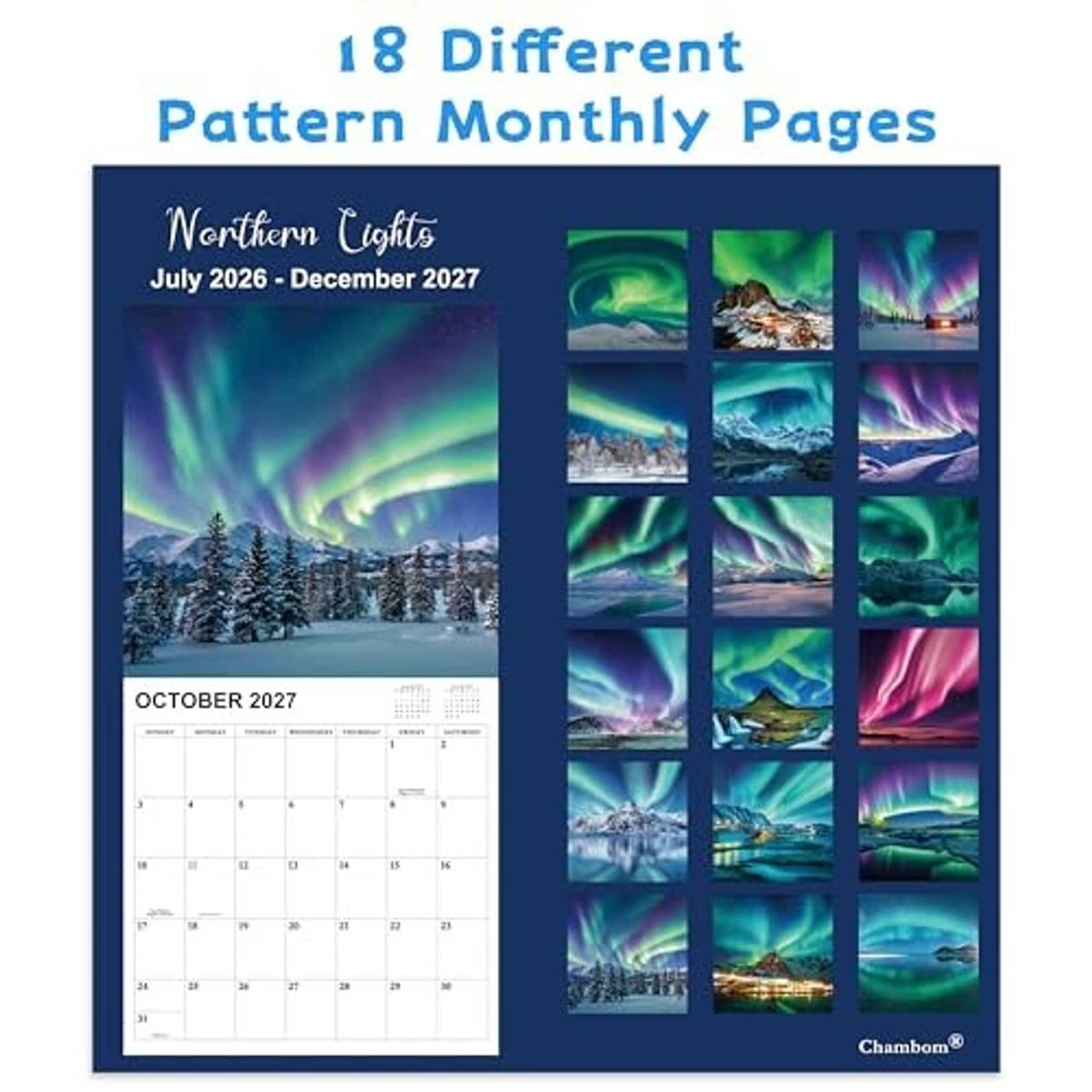 Northern Lights 2026-2027 wall calendar packaging showing 18 different monthly page previews