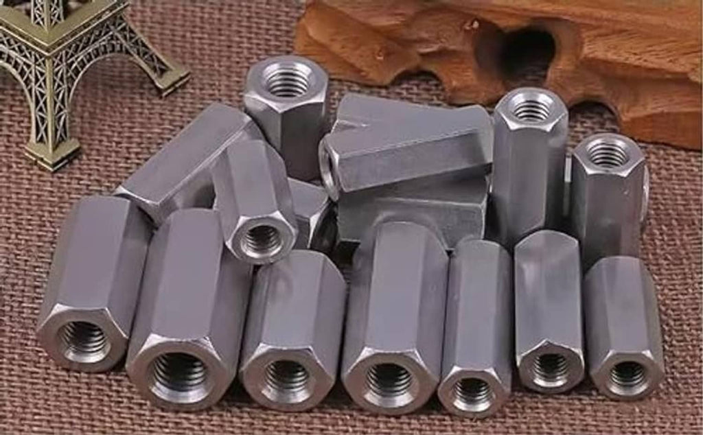 Stainless steel hex extension nuts, M10 threaded hex bodies, bulk display
