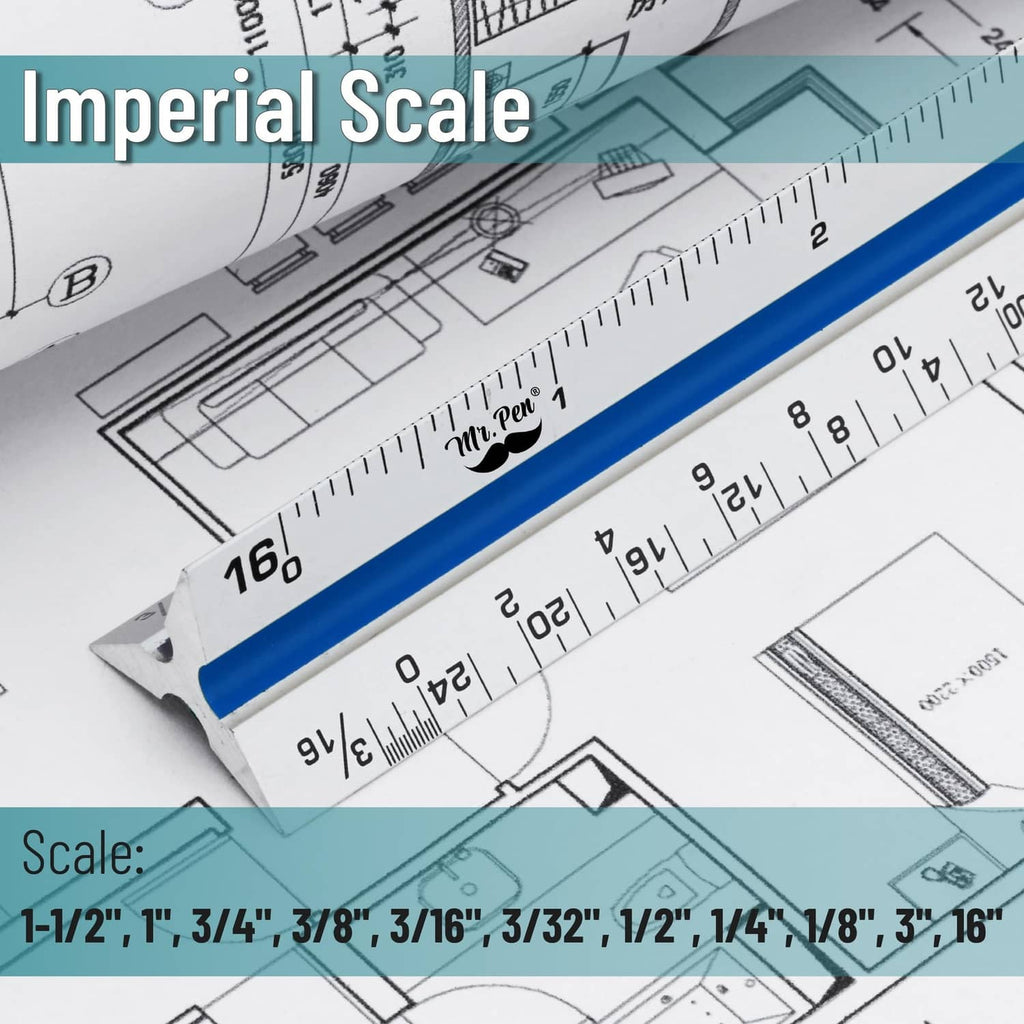 Architectural scale ruler with white body and blue strip, showing scale and inch marks