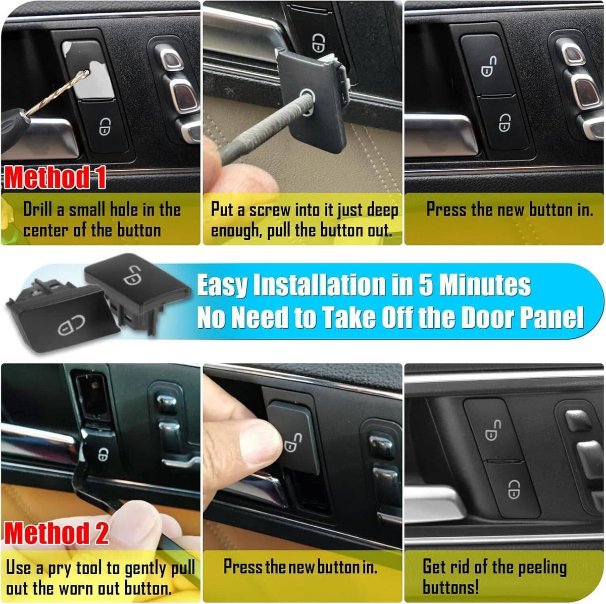 Black door lock switch button installation steps shown on car interior panel