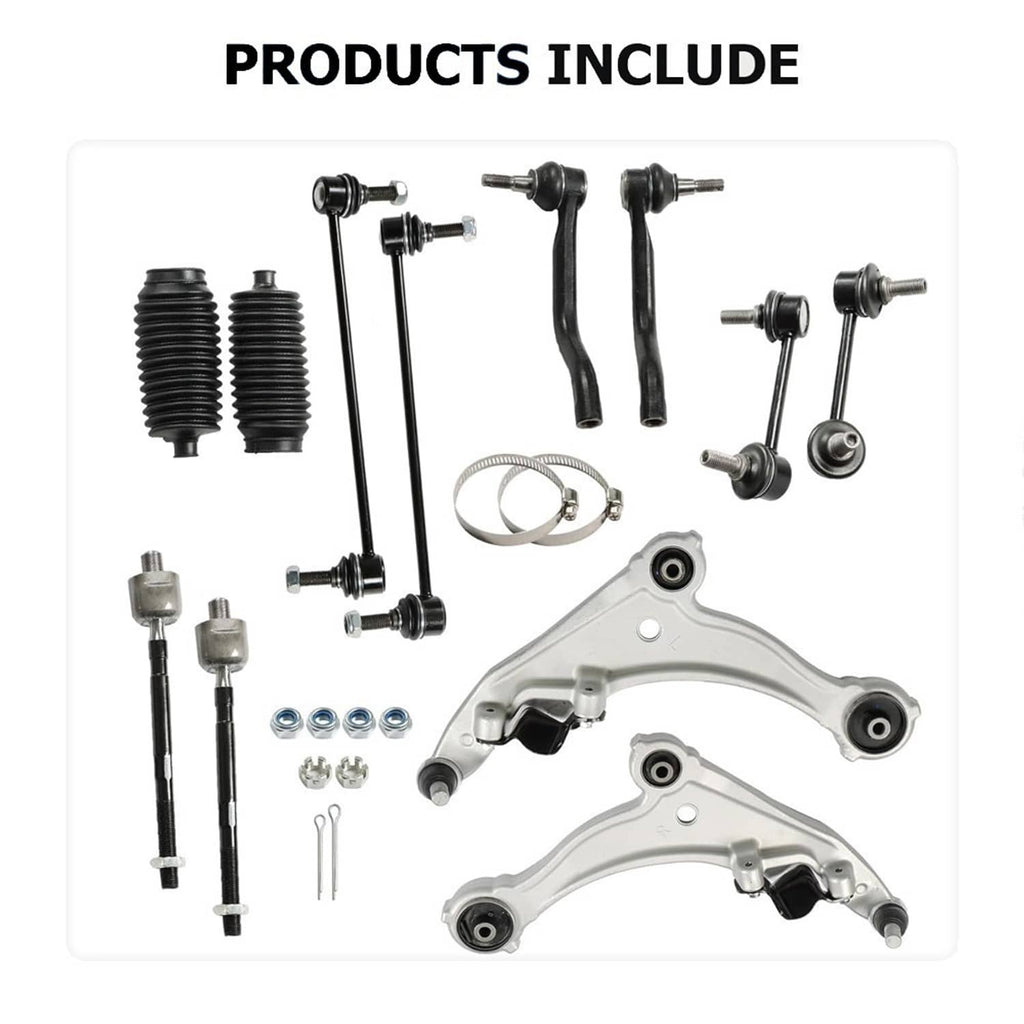 Included front suspension kit parts: control arms, tie rods, boots, and assorted hardware