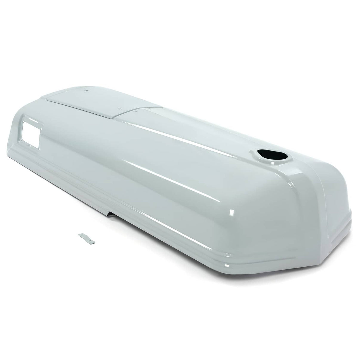 Gray tractor engine hood with front grille opening and black round port