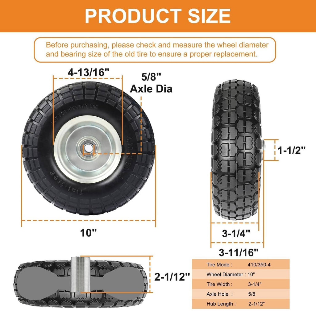 Black solid rubber wheel with silver rim and deep block tread, 10-inch tire
