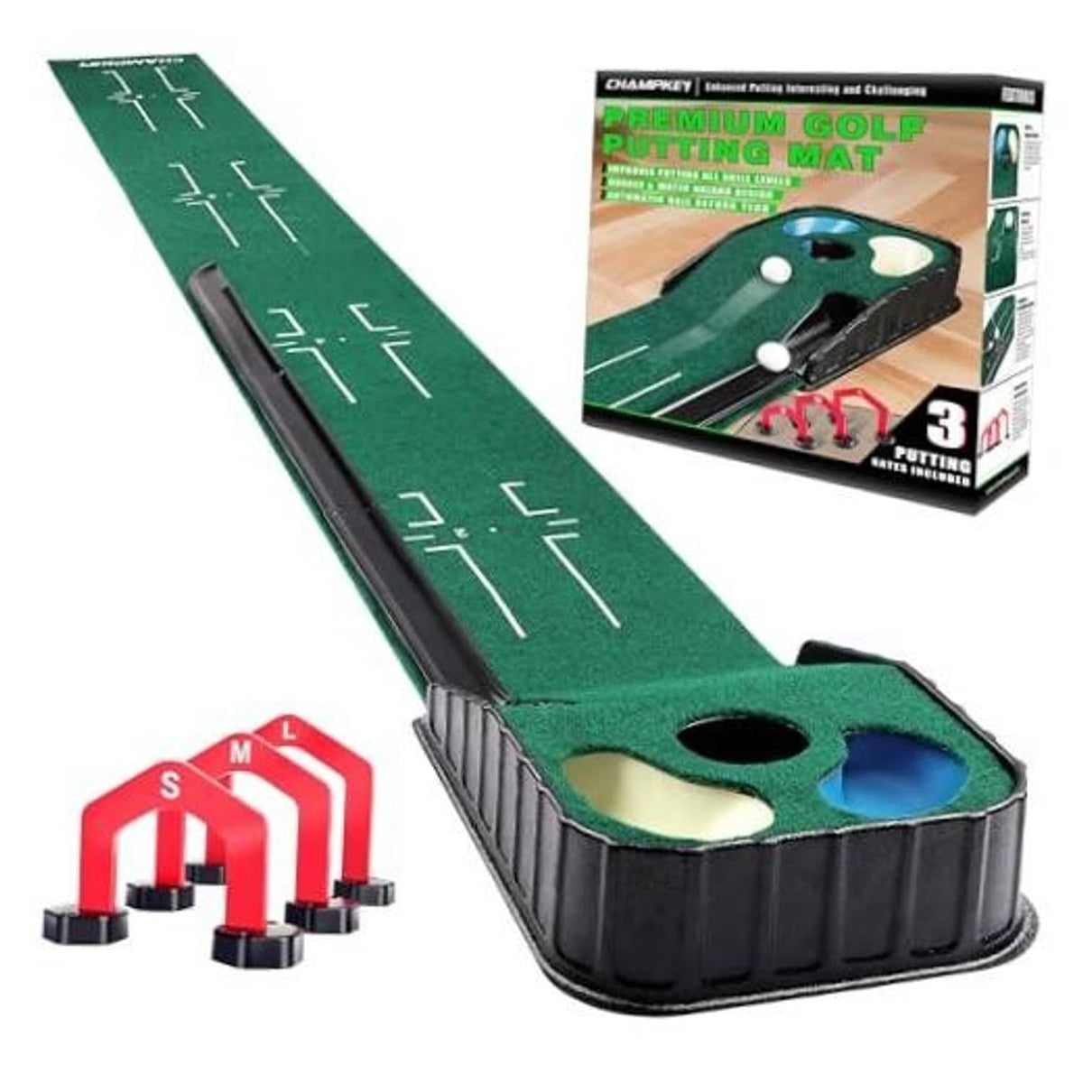 Indoor golf putting mat with green turf, white alignment guides, and goal cutouts