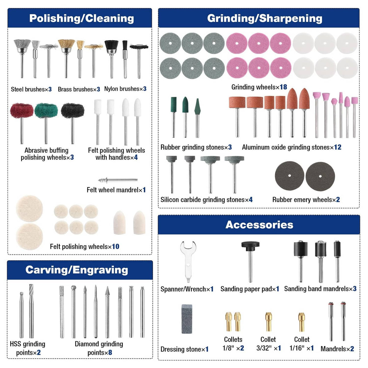 Polishing and grinding accessory set with wheels, stones, and felt mandrel tips