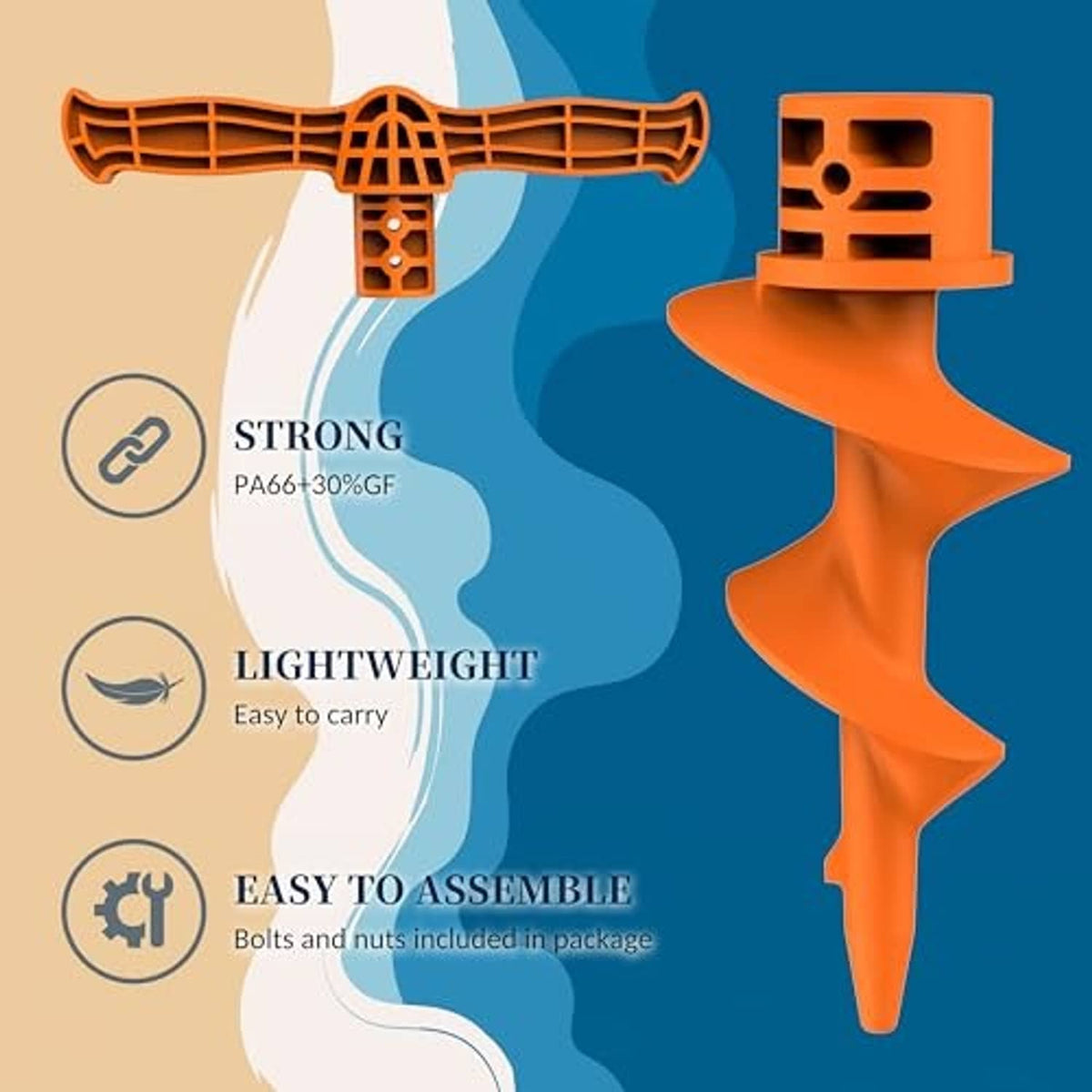 Orange PVC sand auger anchor with lattice center and pointed auger tip