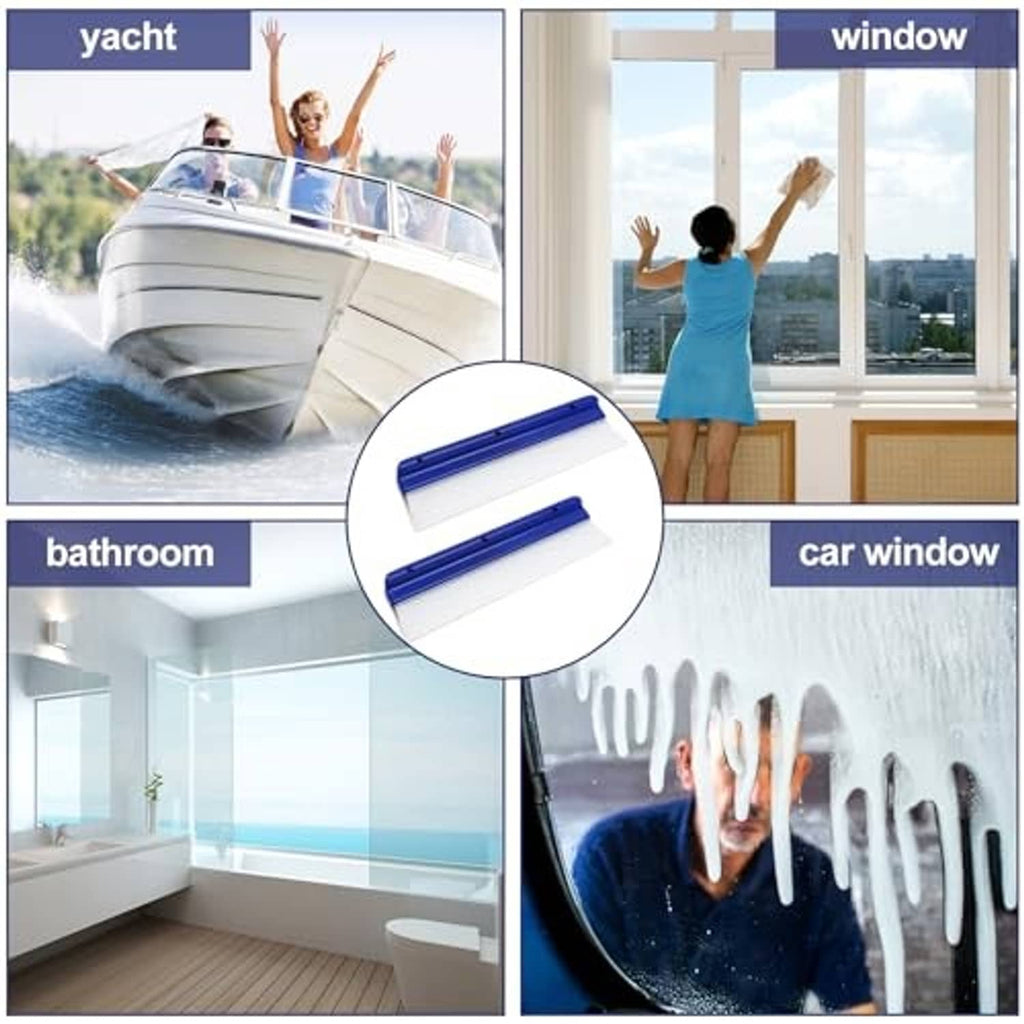 Car, yacht, and bathroom window squeegee shown with blue-and-white water blade