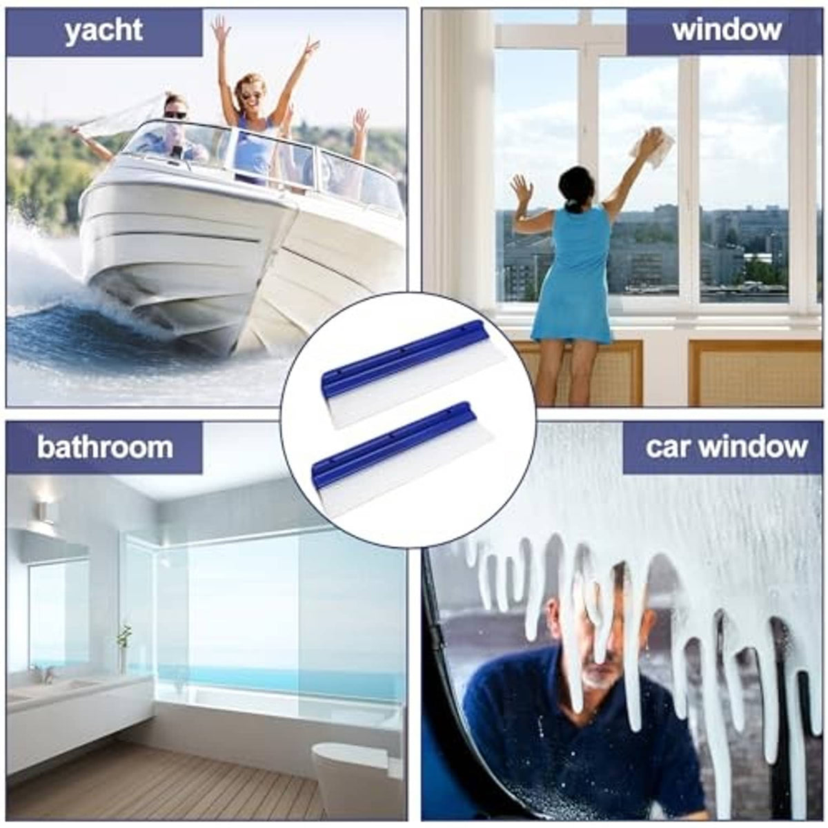 Car, yacht, and bathroom window squeegee shown with blue-and-white water blade