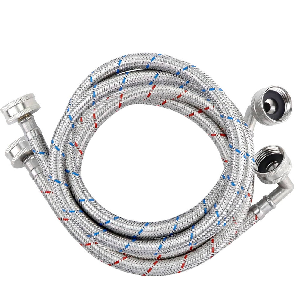 Stainless steel braided washing machine hose with blue and red stripes and metal fittings