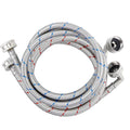 Stainless steel braided washing machine hose with blue and red stripes and metal fittings
