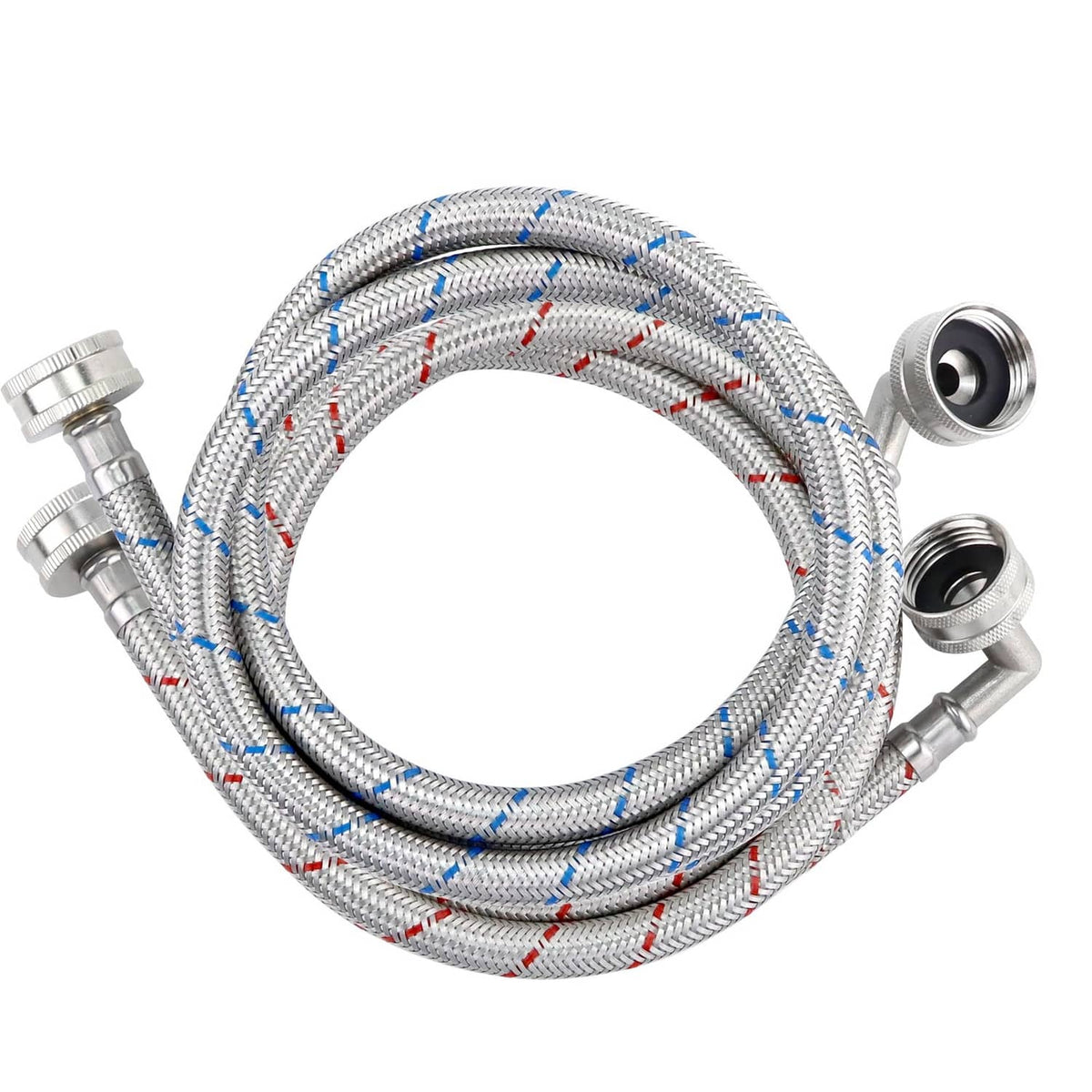 Stainless steel braided washing machine hose with blue and red stripes and metal fittings