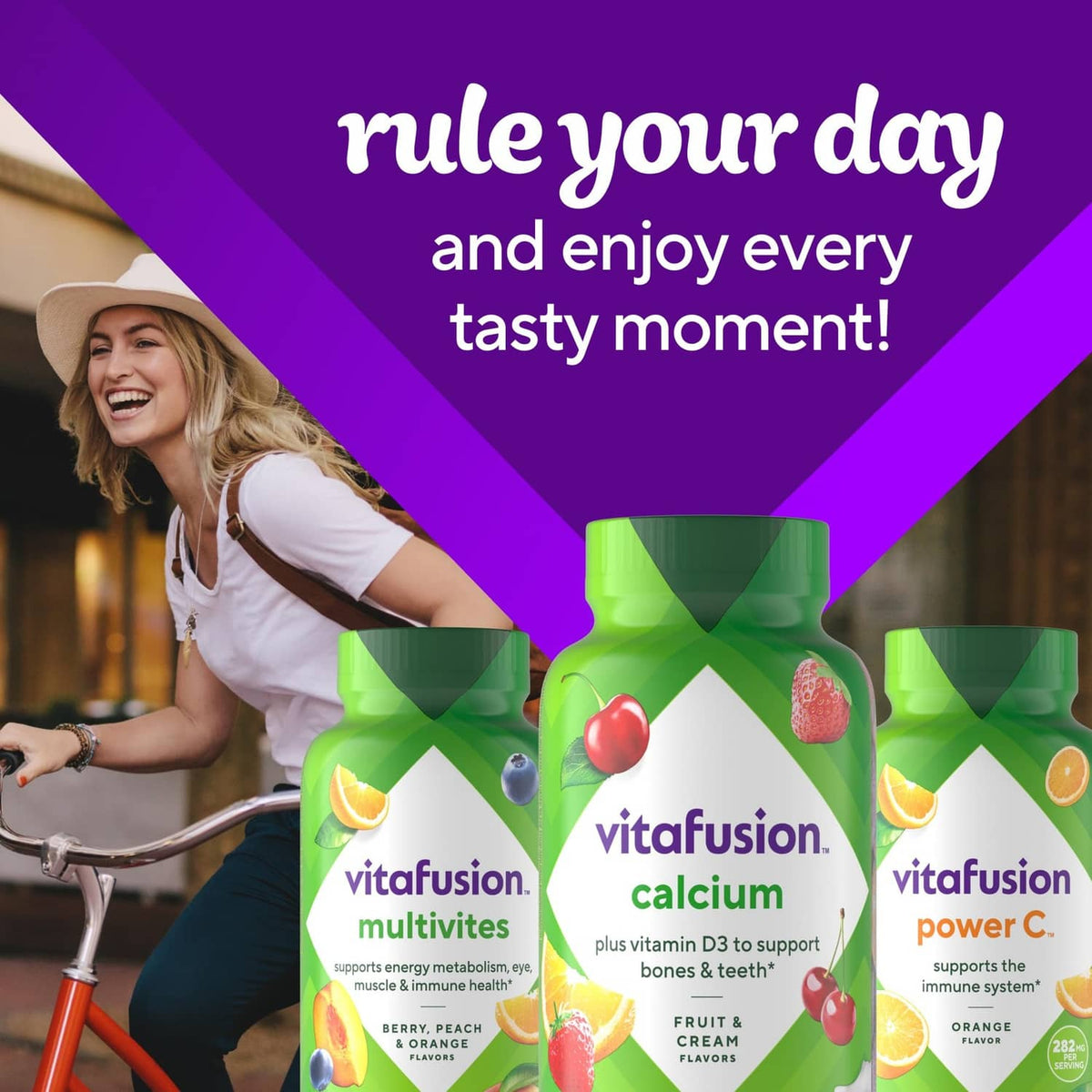 Three Vitafusion supplement bottles: Calcium, Multivitamins, and Power C.