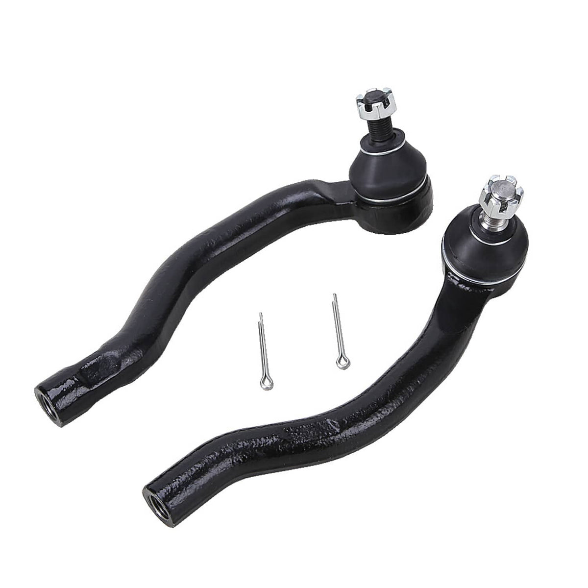 Front tie rod ends with ball studs and cotter pins, black rubber boots