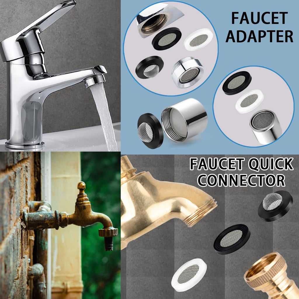 Faucet adapter quick connector kit with round mesh screens and black and white gaskets.