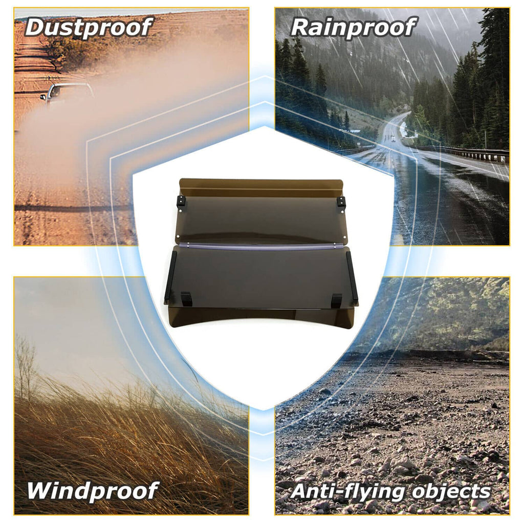 Foldable tinted windshield windscreen with bronze frame, shown with protective feature icons