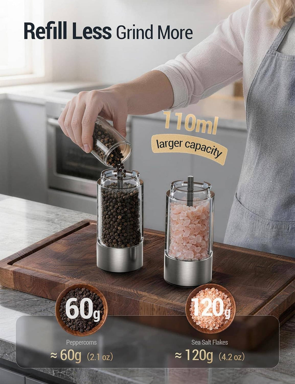 Rechargeable stainless THERMOMAVEN electric salt and pepper grinders with larger 110 ml capacity