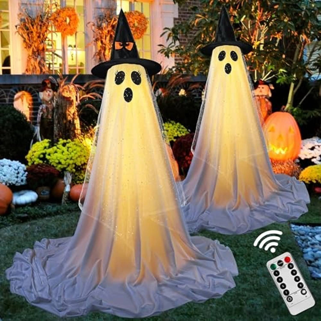 Two standing Halloween ghost decorations, black hats and dotted faces, sheer white fabric; remote included.