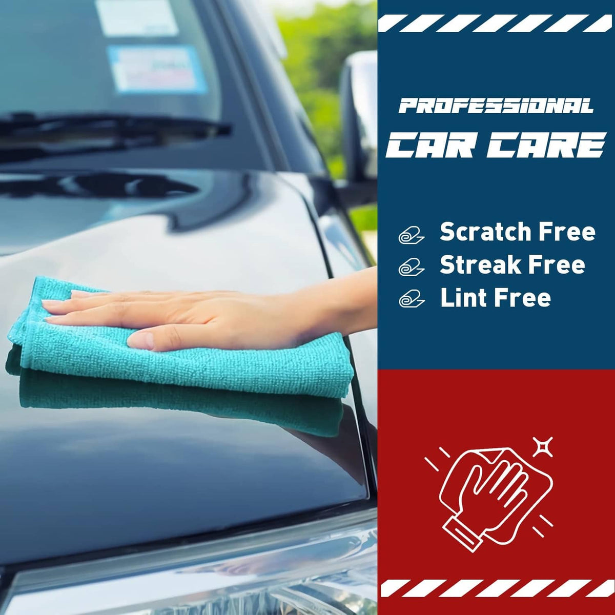 Teal microfiber car care towel held flat, scratch-free cleaning