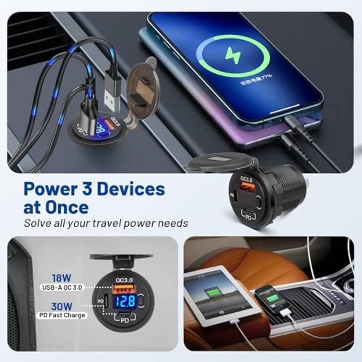 Car USB-C charger with QC3.0/PD digital display and charging cable connection