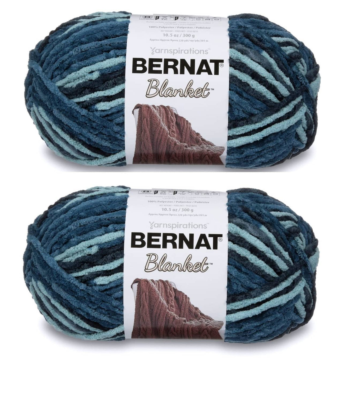 Striped chenille yarn skein in blue-teal tones for knitting and crocheting, super bulky