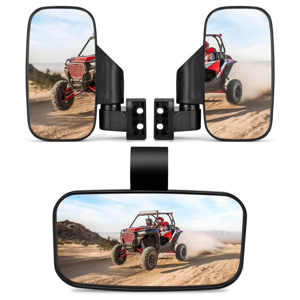 UTV side mirrors and center mirror set with black mounts and two rectangular mirror glass panels