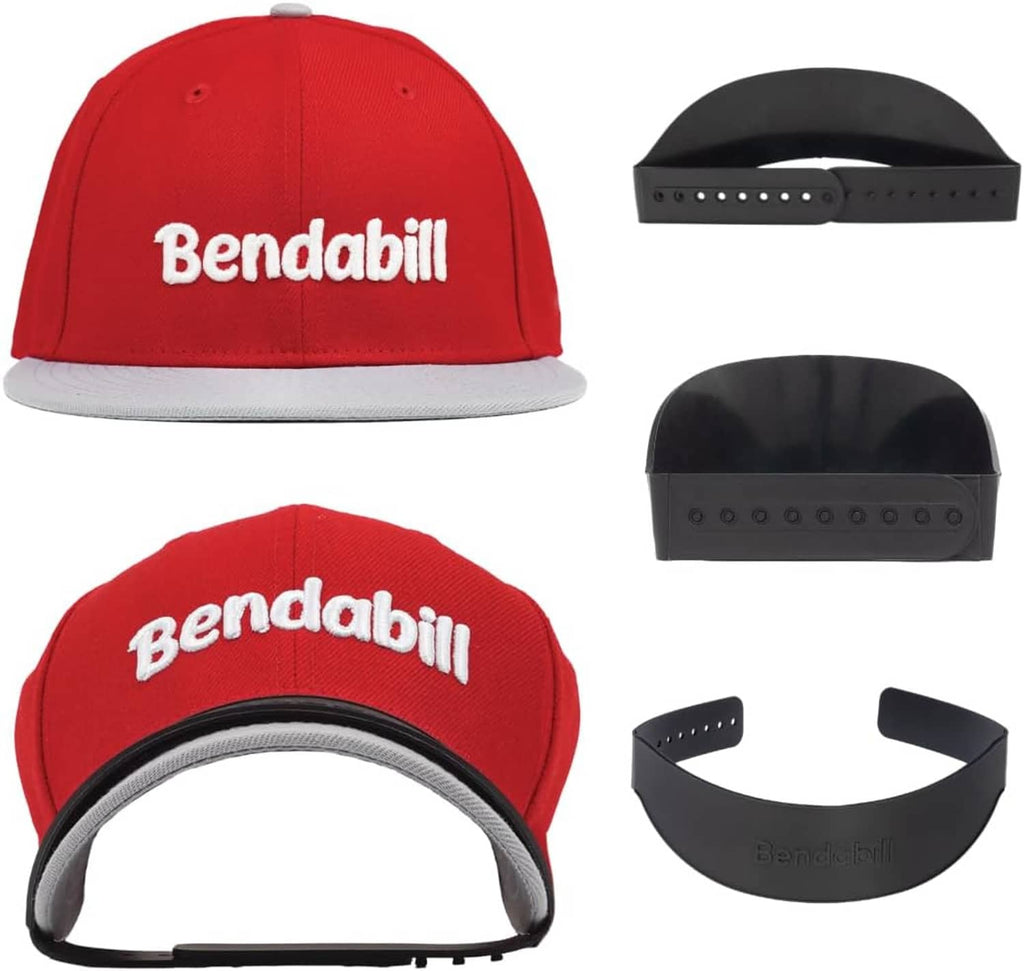 Red baseball cap and black hat brim bender strap with row of adjustment holes