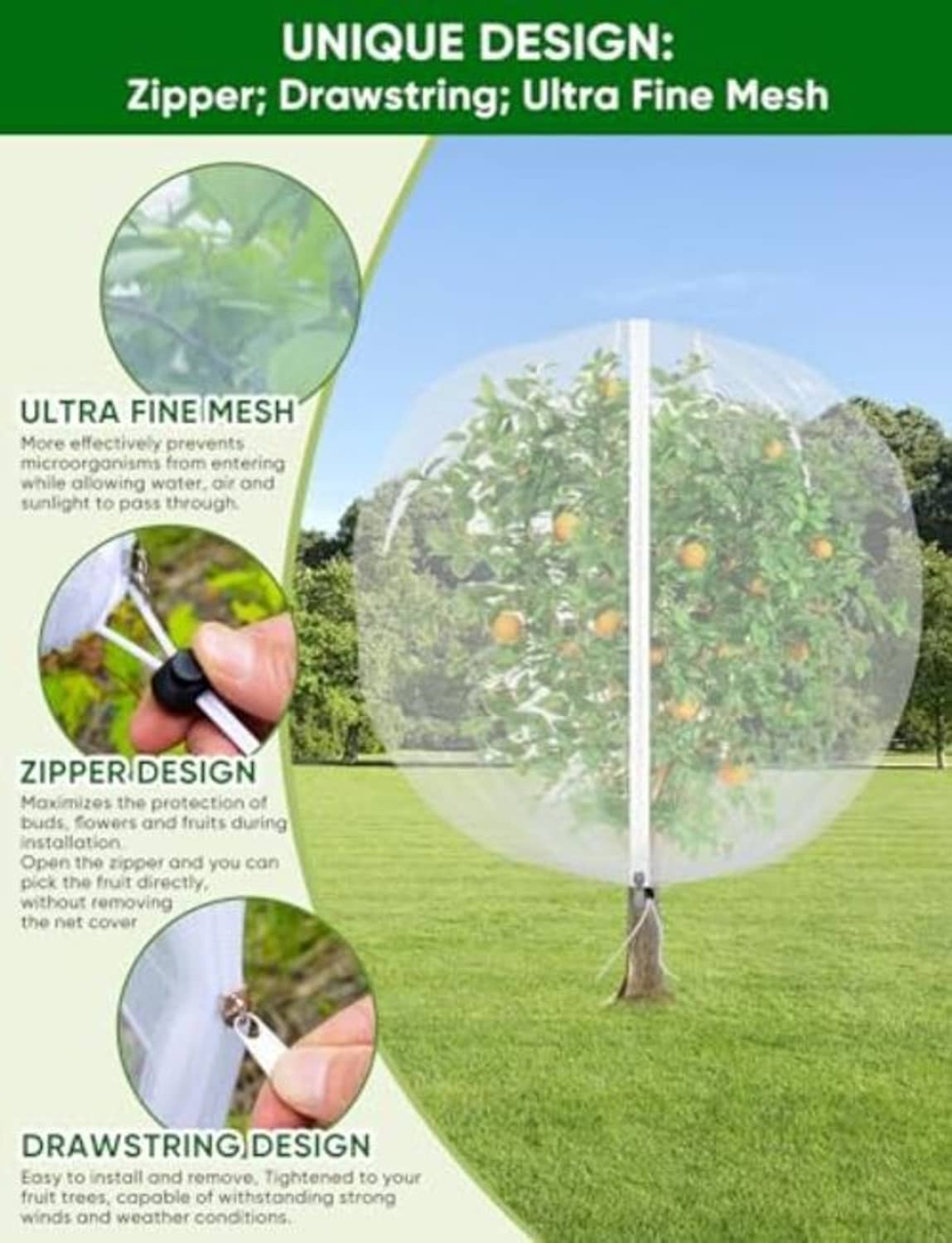 Ultra fine mesh garden netting with zipper and drawstring, translucent dome cover