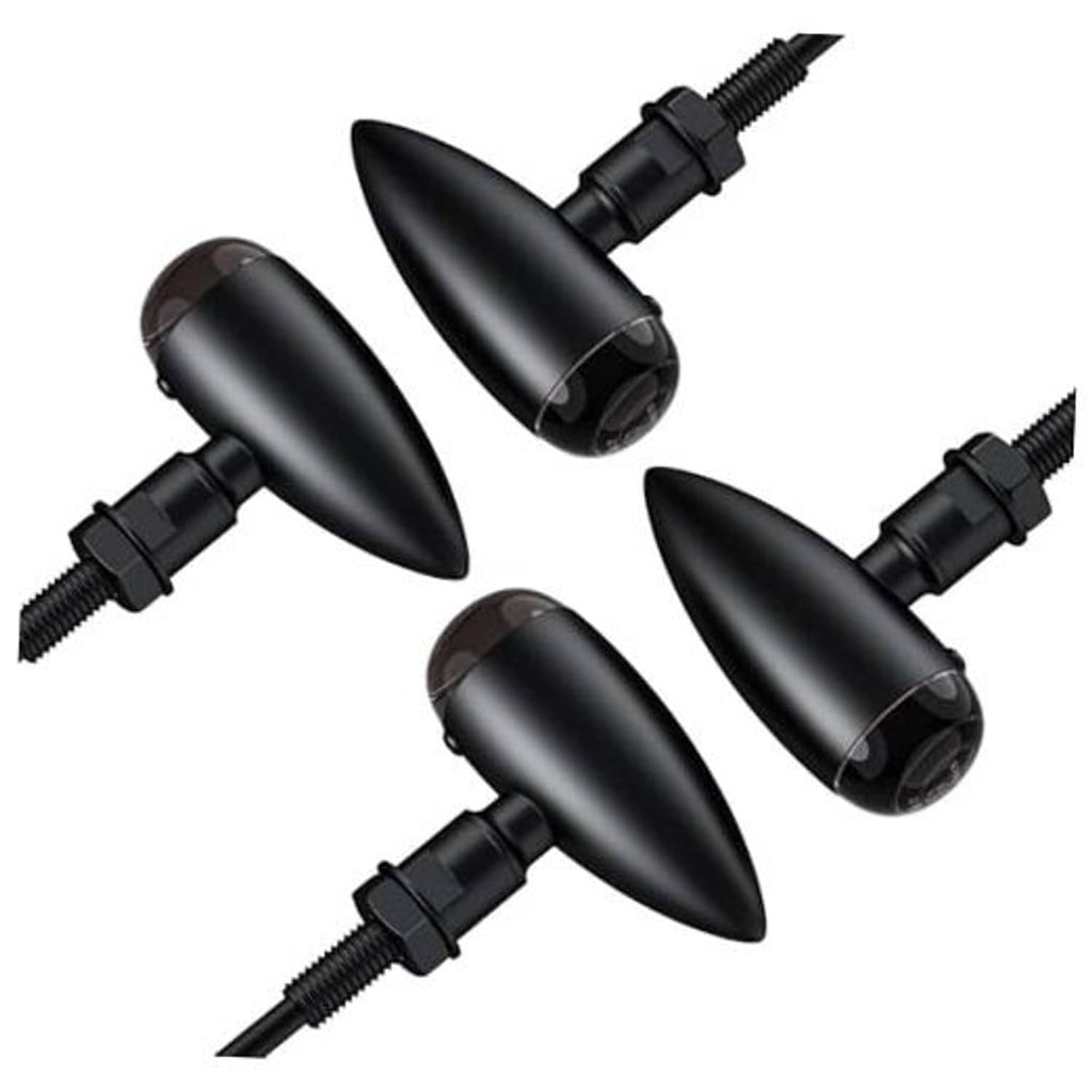 Set of four universal motorcycle turn signal lights with black bullet housings and wires