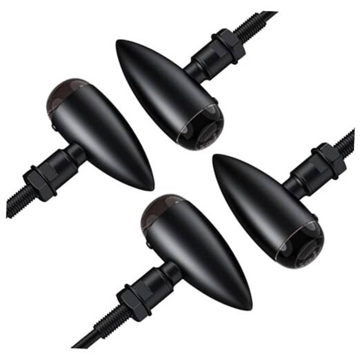 Set of four universal motorcycle turn signal lights with black bullet housings and wires