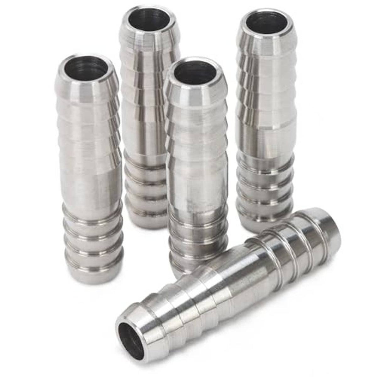 Stainless steel barbed hose splicer mender fittings set, ridged barbs, dark inner bores