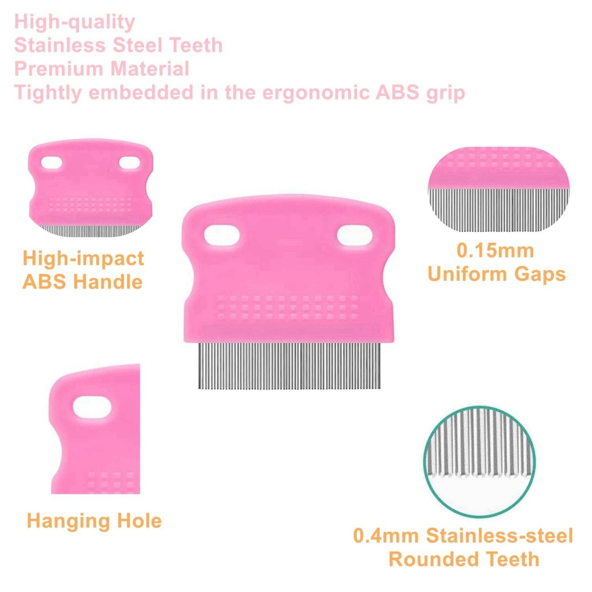 Pink flea comb with fine stainless-steel teeth and ergonomic ABS handle with hanging hole