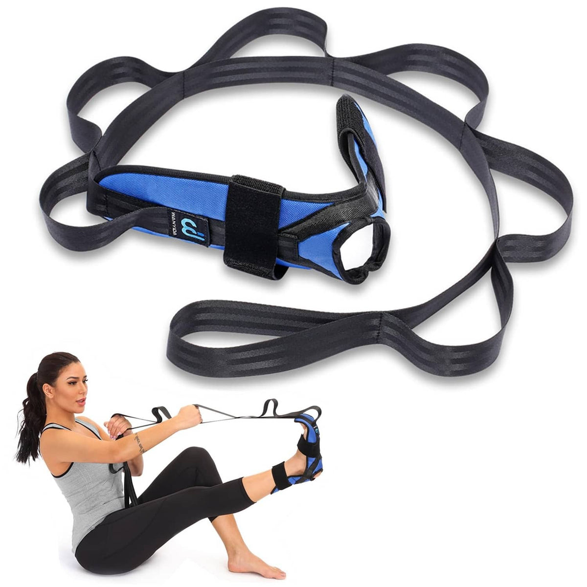 Blue and black foot and calf stretching strap with elastic bands and hook closures
