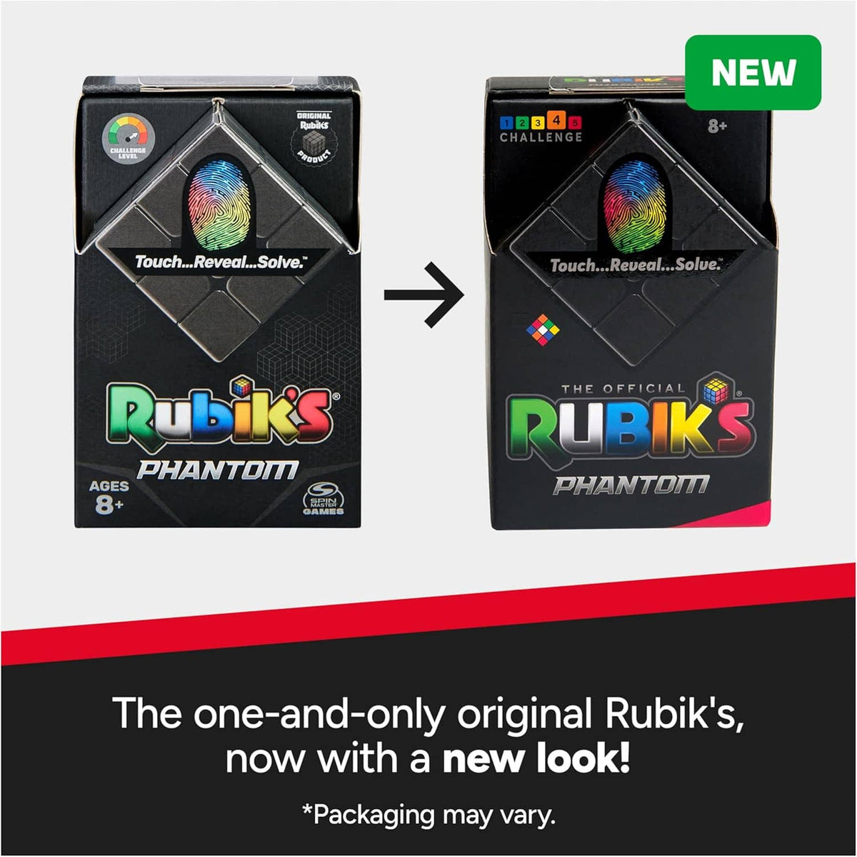 Rubik's Phantom cube packaging showing the 'NEW' label and product artwork