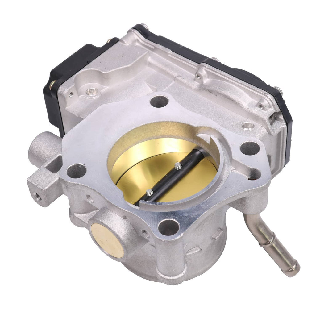 Electronic throttle body top view with silver housing and gold throttle bore