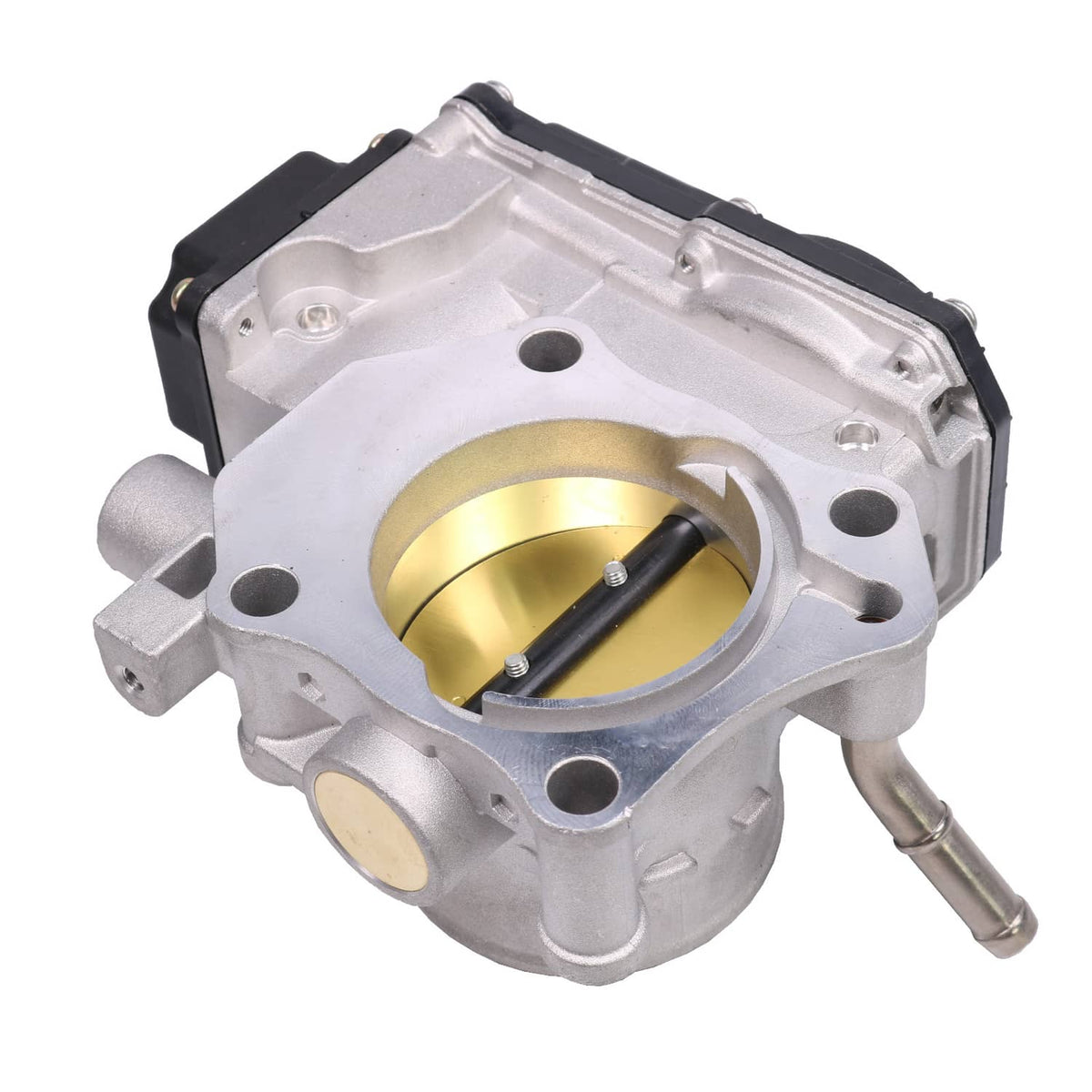 Electronic throttle body top view with silver housing and gold throttle bore