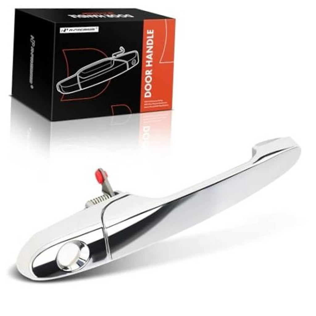 Chrome exterior front passenger door handle with keyhole, metal-look finish