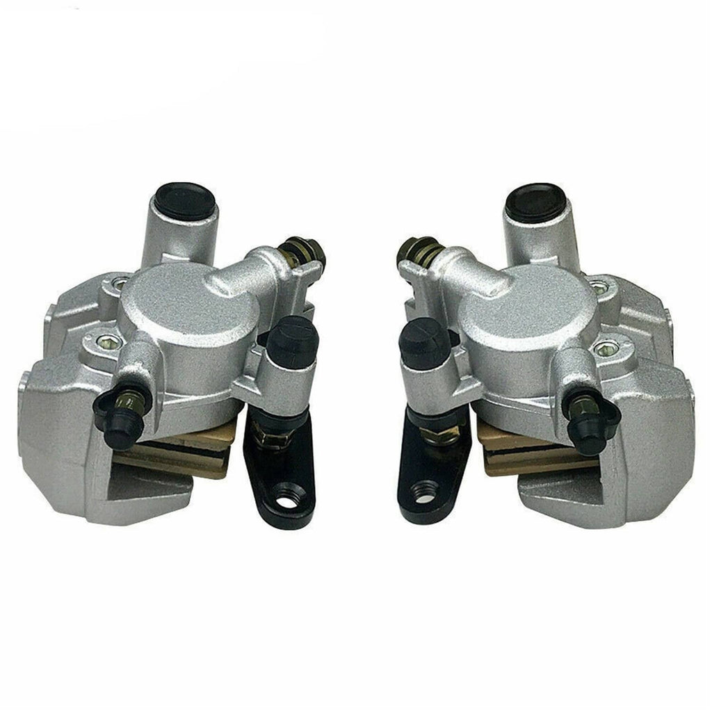 Front brake calipers pair, silver body with black boots and caliper mounting ears
