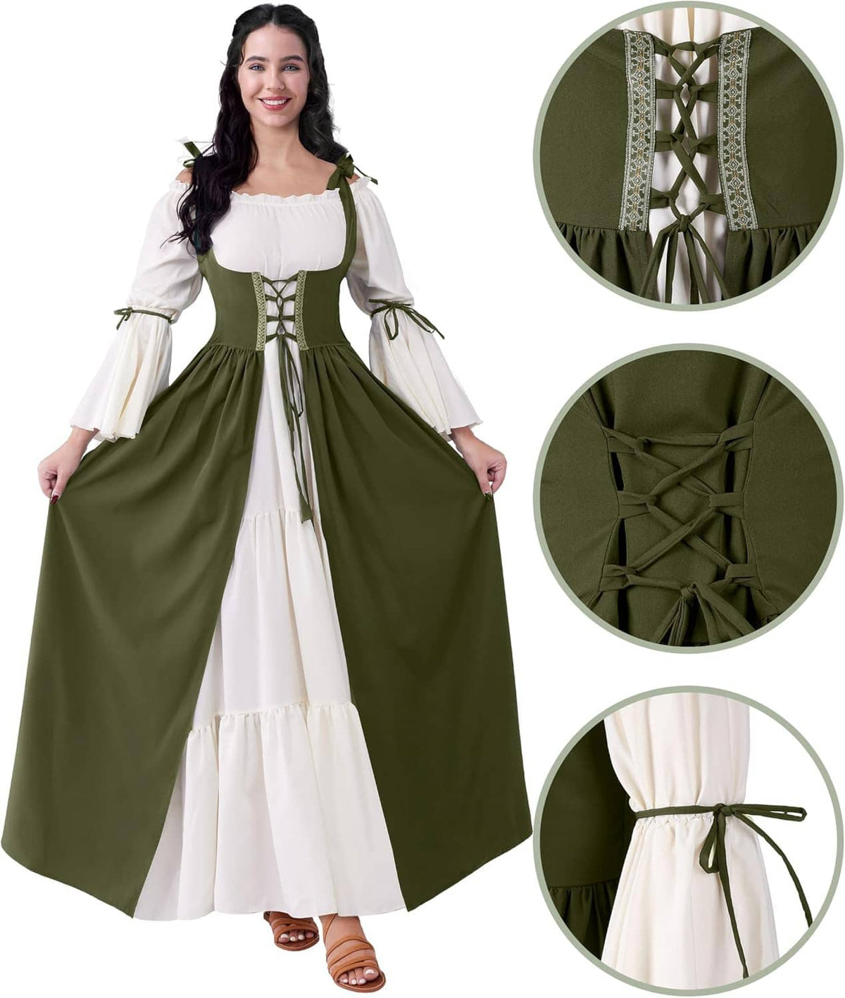 Women’s green corset dress with lace-up front, white sleeves, and layered skirt details