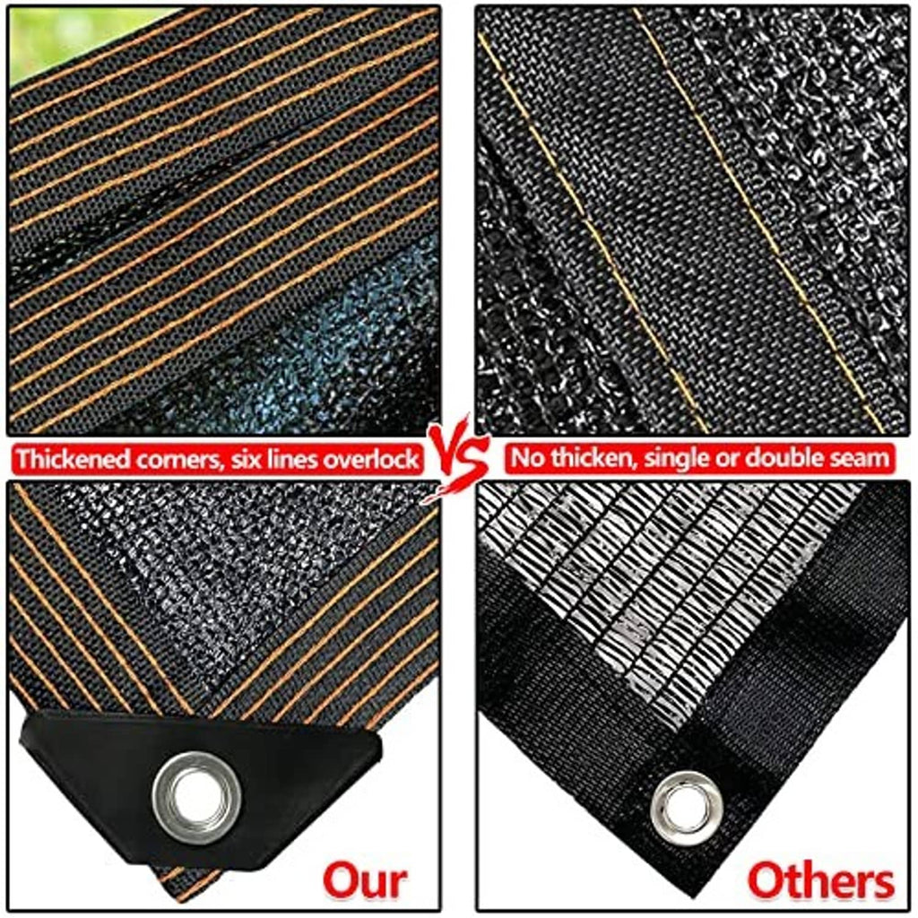 Close-up of dark woven mesh shade cloth with reinforced stitched seams and grommet