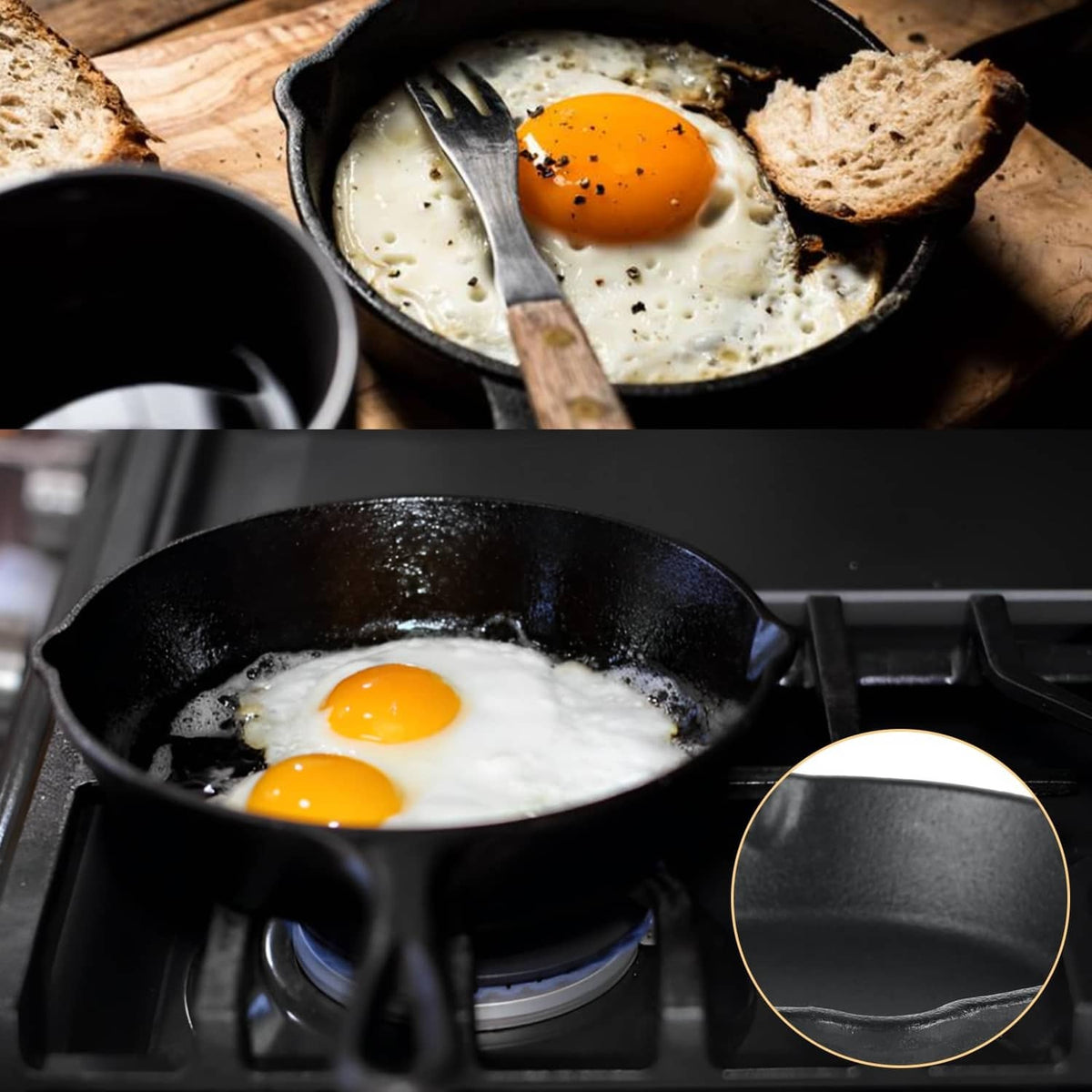 Black mini cast iron skillet cooking two fried eggs on a stovetop