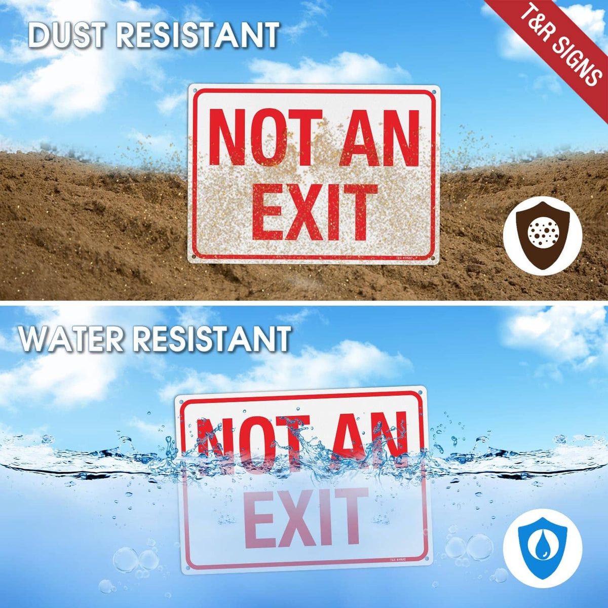 Dust- and water-resistant red “NOT AN EXIT” metal sign with white border