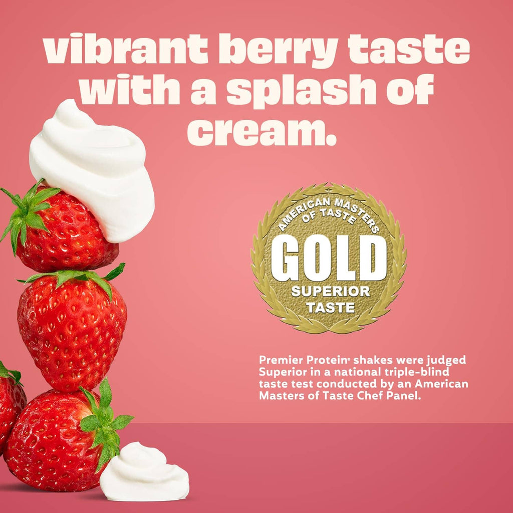 Premier Protein strawberries and cream protein shake pouch with award seal graphic