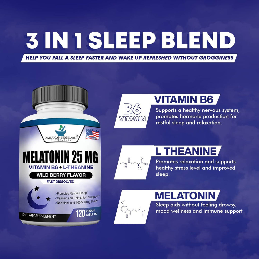 Melatonin 25mg 3-in-1 sleep blend bottle with vitamin B6 and L-theanine info