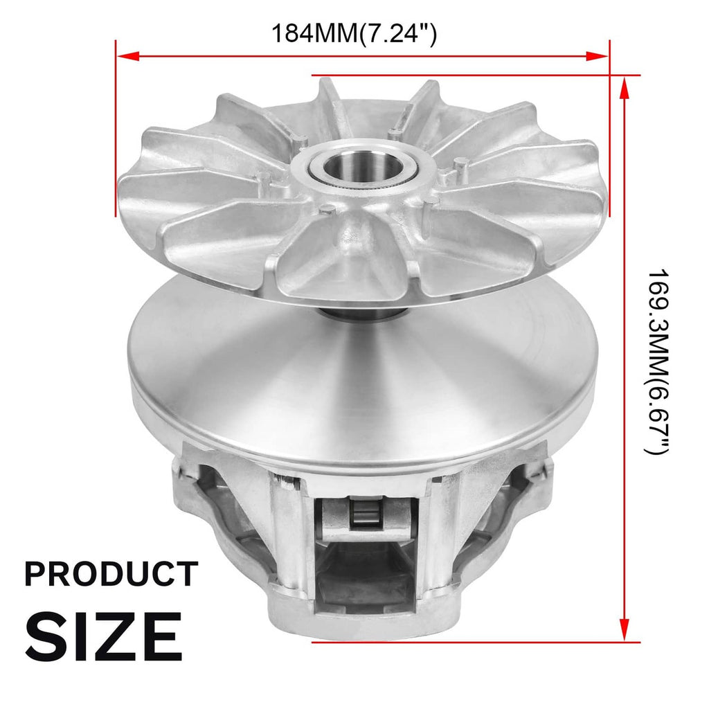 Silver primary drive clutch assembly with finned face and central shaft bore