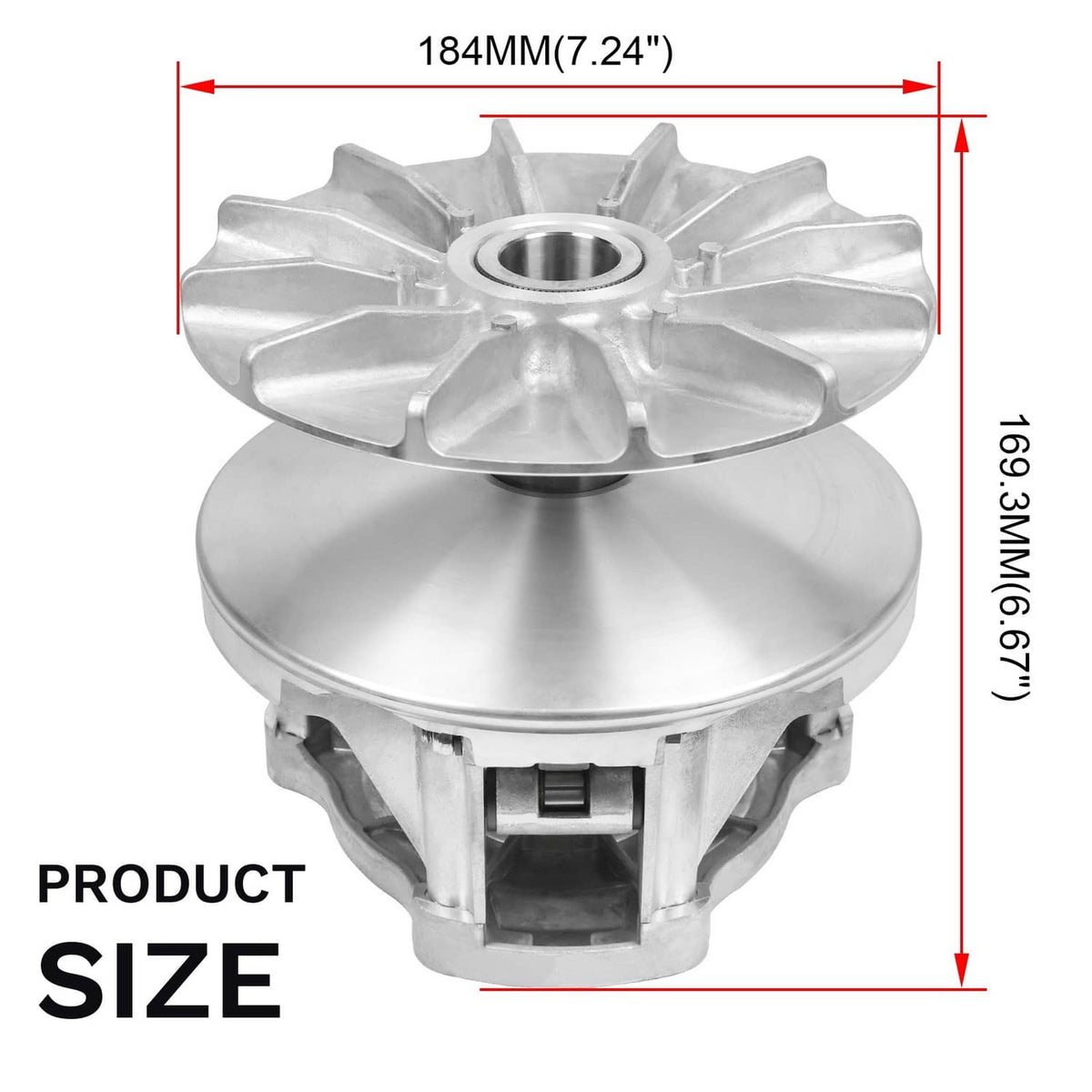 Silver primary drive clutch assembly with finned face and central shaft bore