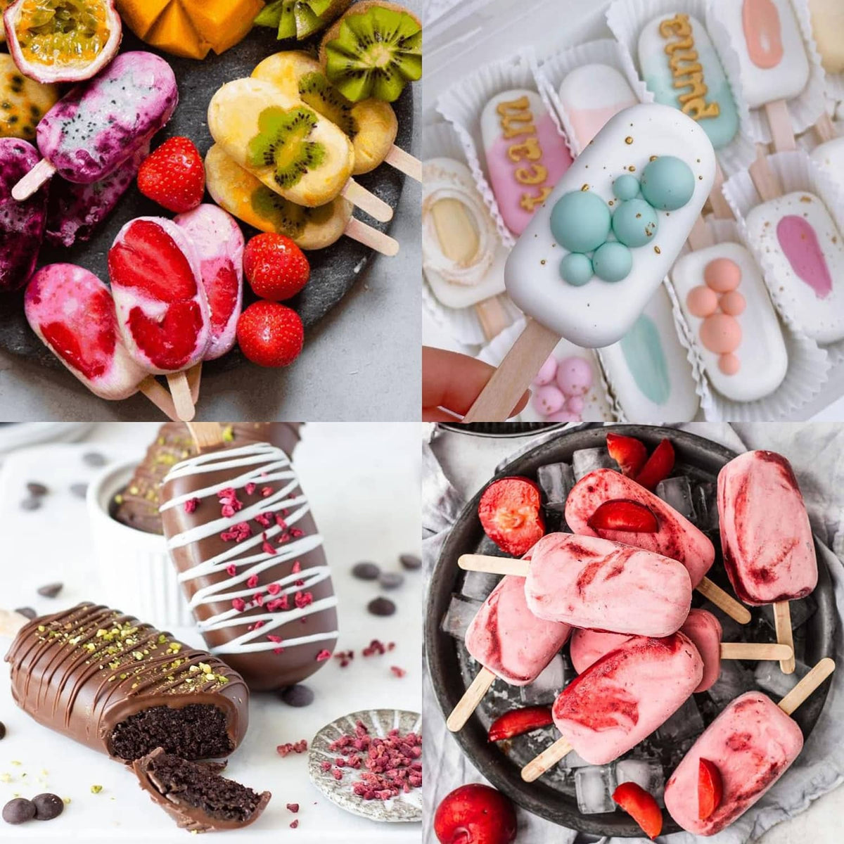 Assorted homemade popsicles on sticks, including berry and citrus flavors on a tray