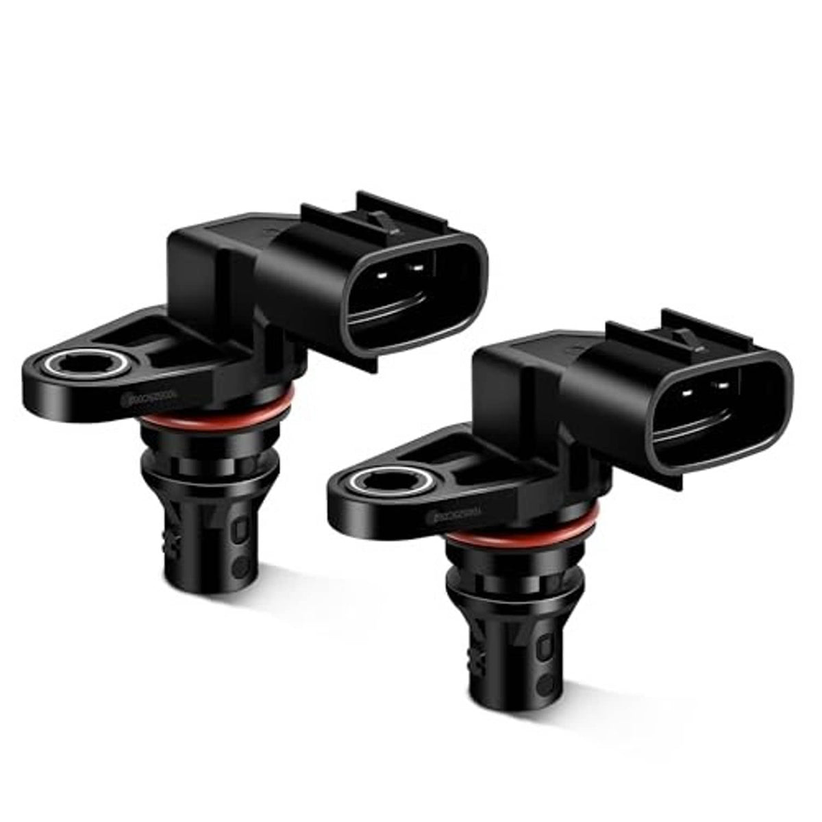 Two black camshaft position sensors with red seal rings and front connector openings